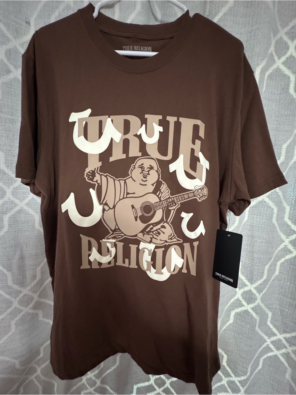True Religion Brown Tee with Cream Graphic Buddha Logo